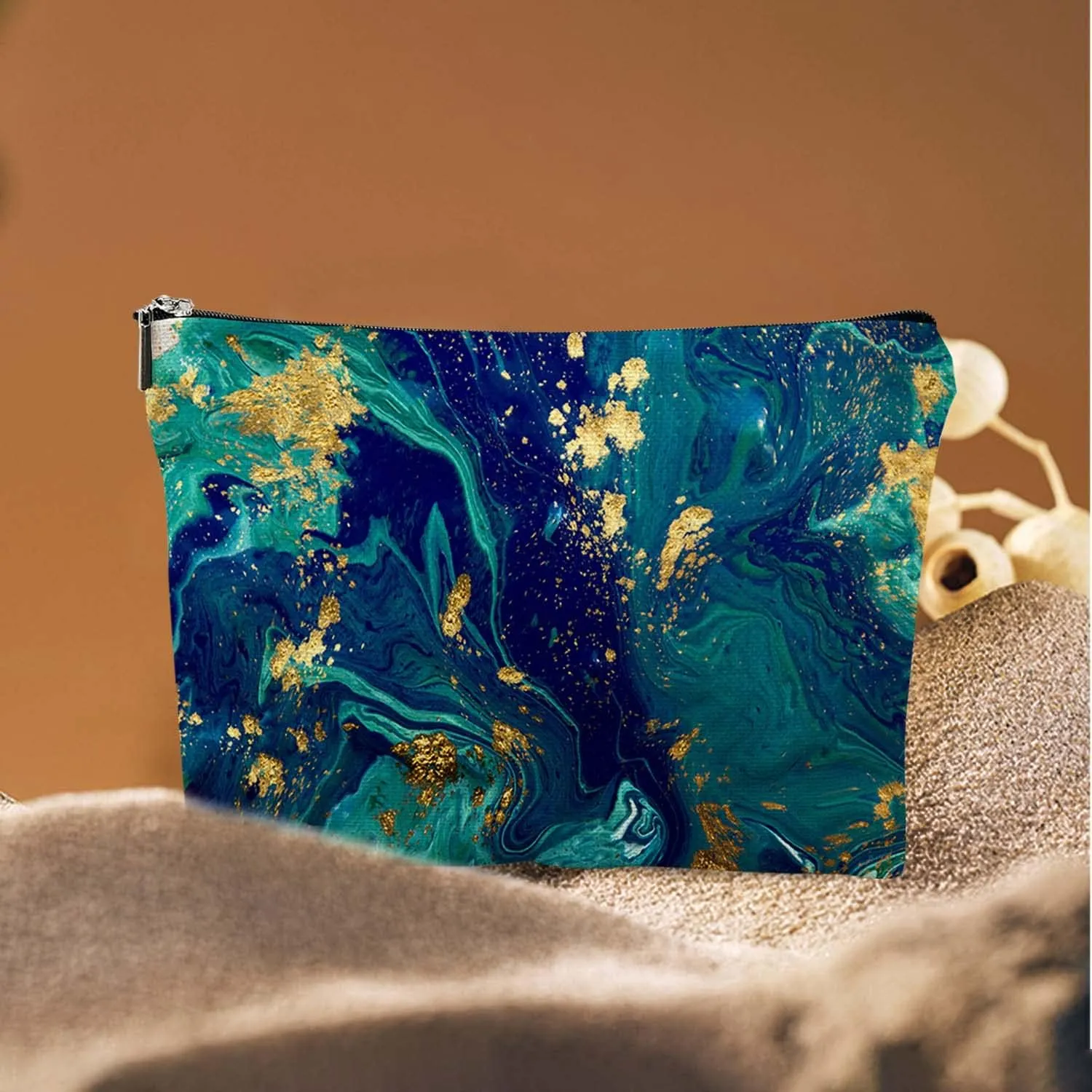 Makeup Bag Cosmetic Travel Makeup Bag Organizer Waterproof Makeup Pouch with Zipper Storage Cosmetic Pouch for Women 7x10in - Blue Green Marble Pattern
