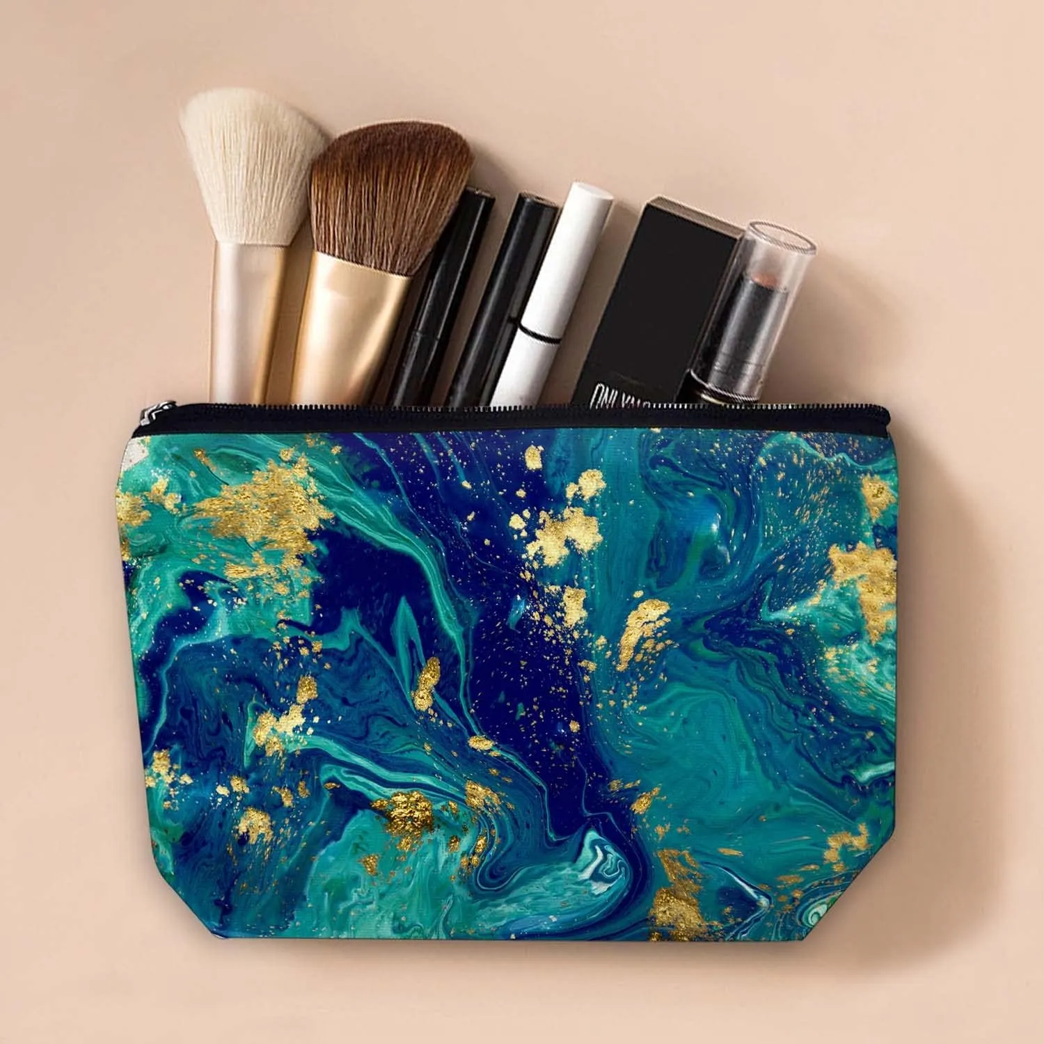 Makeup Bag Cosmetic Travel Makeup Bag Organizer Waterproof Makeup Pouch with Zipper Storage Cosmetic Pouch for Women 7x10in - Blue Green Marble Pattern