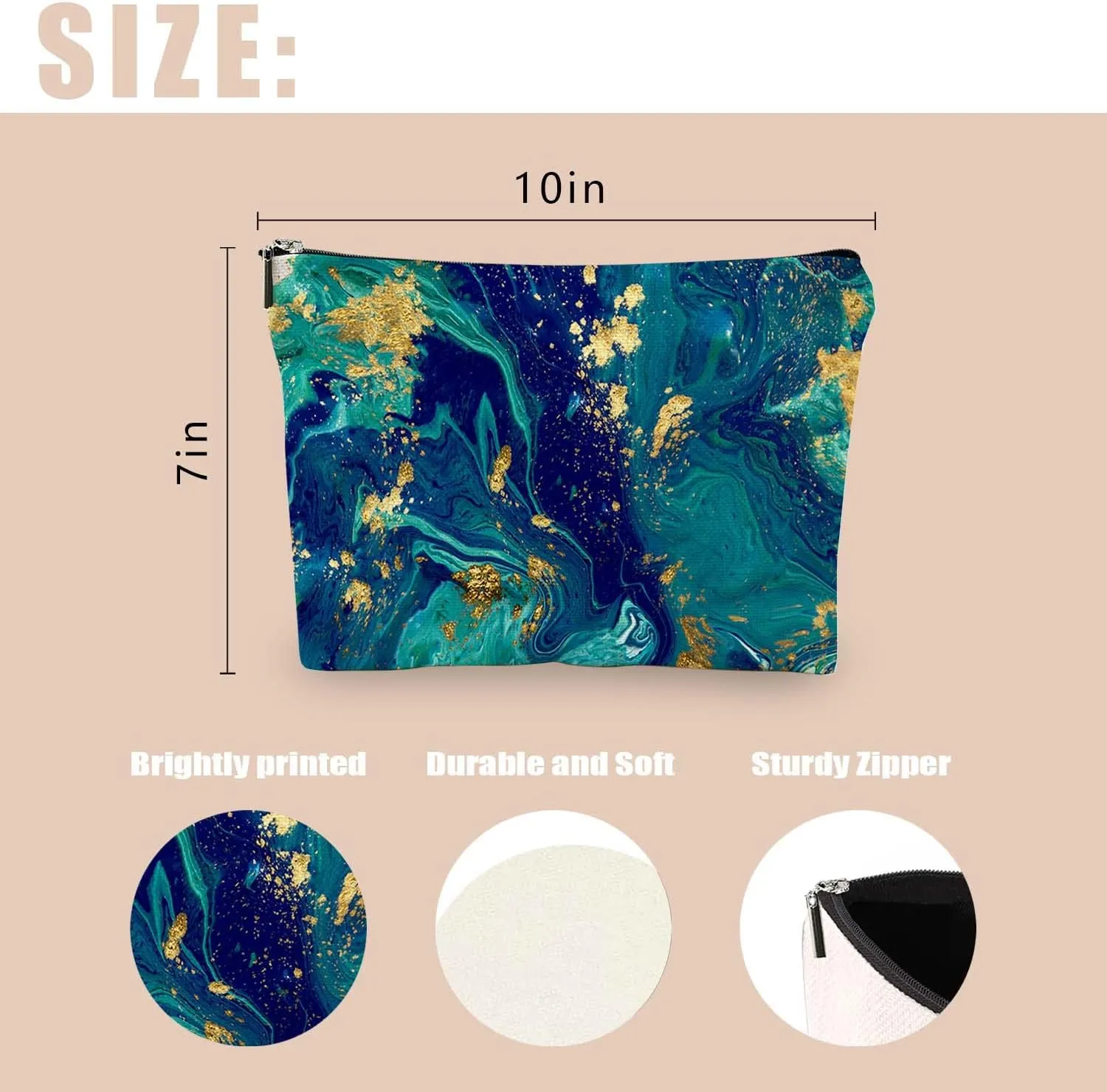 Makeup Bag Cosmetic Travel Makeup Bag Organizer Waterproof Makeup Pouch with Zipper Storage Cosmetic Pouch for Women 7x10in - Blue Green Marble Pattern