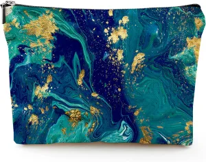 Makeup Bag Cosmetic Travel Makeup Bag Organizer Waterproof Makeup Pouch with Zipper Storage Cosmetic Pouch for Women 7x10in - Blue Green Marble Pattern