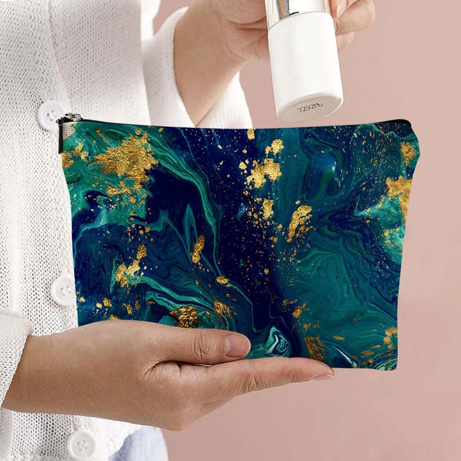 Makeup Bag Cosmetic Travel Makeup Bag Organizer Waterproof Makeup Pouch with Zipper Storage Cosmetic Pouch for Women 7x10in - Blue Green Marble Pattern
