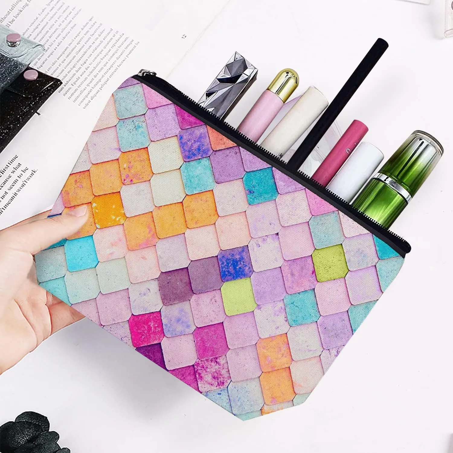 Makeup Bag for Women Large Travel Cosmetic Zipper Pouch Toiletry Bags 7X10in Colorful Squares, 7X10 in