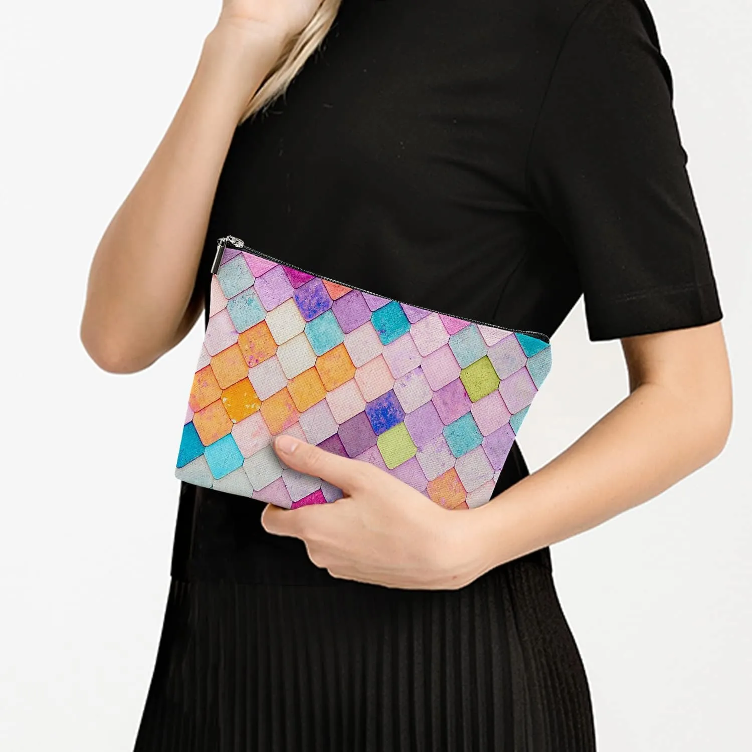 Makeup Bag for Women Large Travel Cosmetic Zipper Pouch Toiletry Bags 7X10in Colorful Squares, 7X10 in
