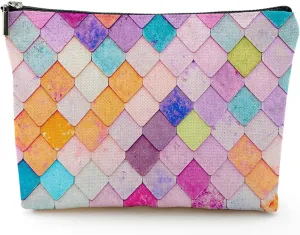 Makeup Bag for Women Large Travel Cosmetic Zipper Pouch Toiletry Bags 7X10in Colorful Squares, 7X10 in