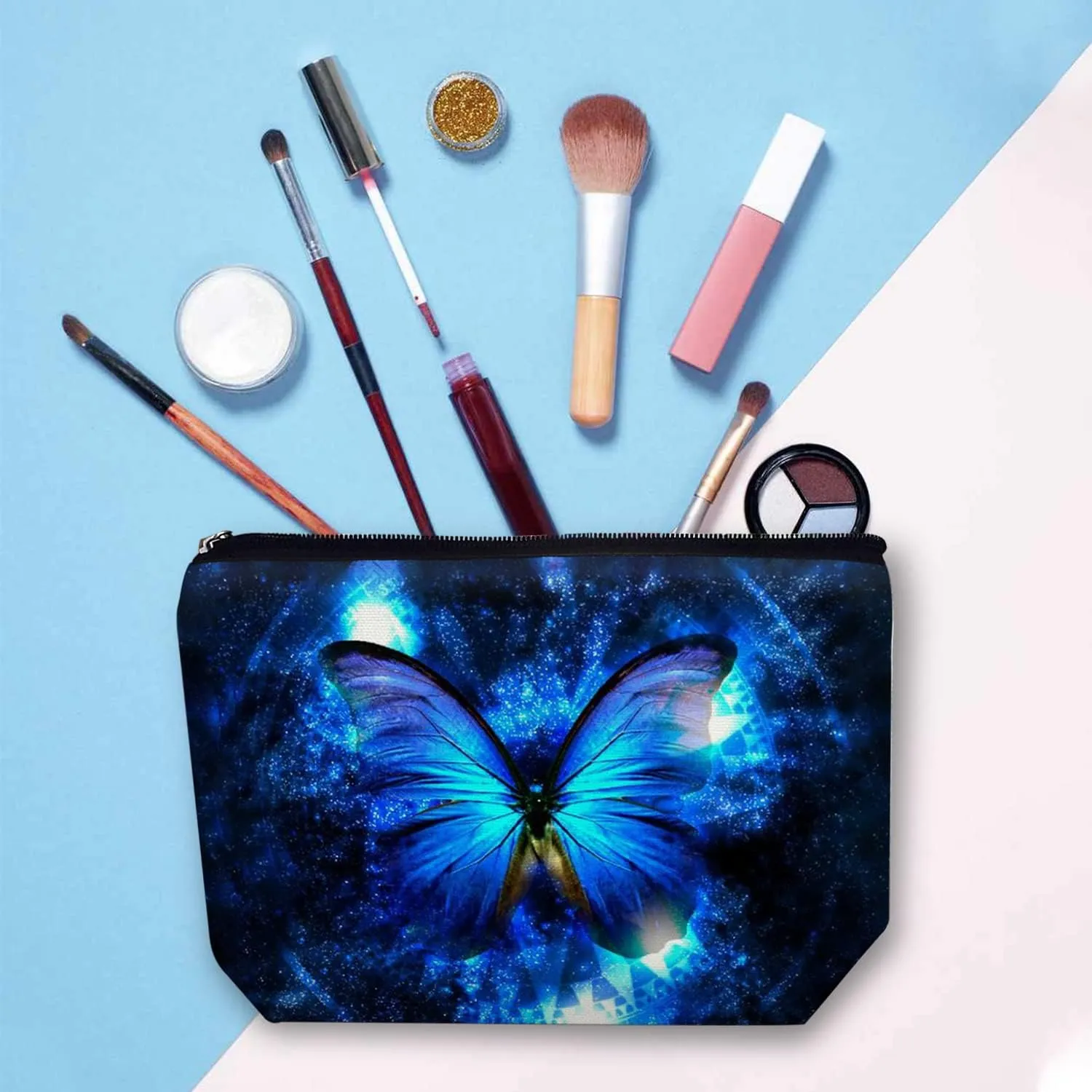 Makeup Bag for Women Travel Makeup Bag Large Cosmetic Bag Zipper Pouch Toiletry Bags Makeup Organizer Bag 7X10in - Blue Butterfly