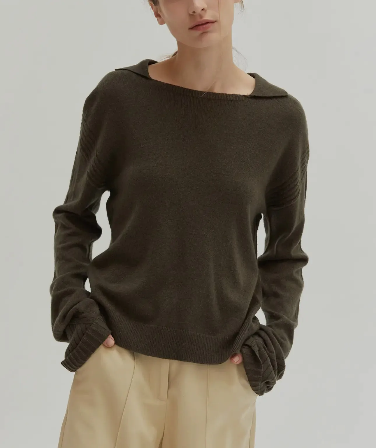 Maline Cashmere Softened Collared Sweater Top In Olive ONLY 2 LEFT!