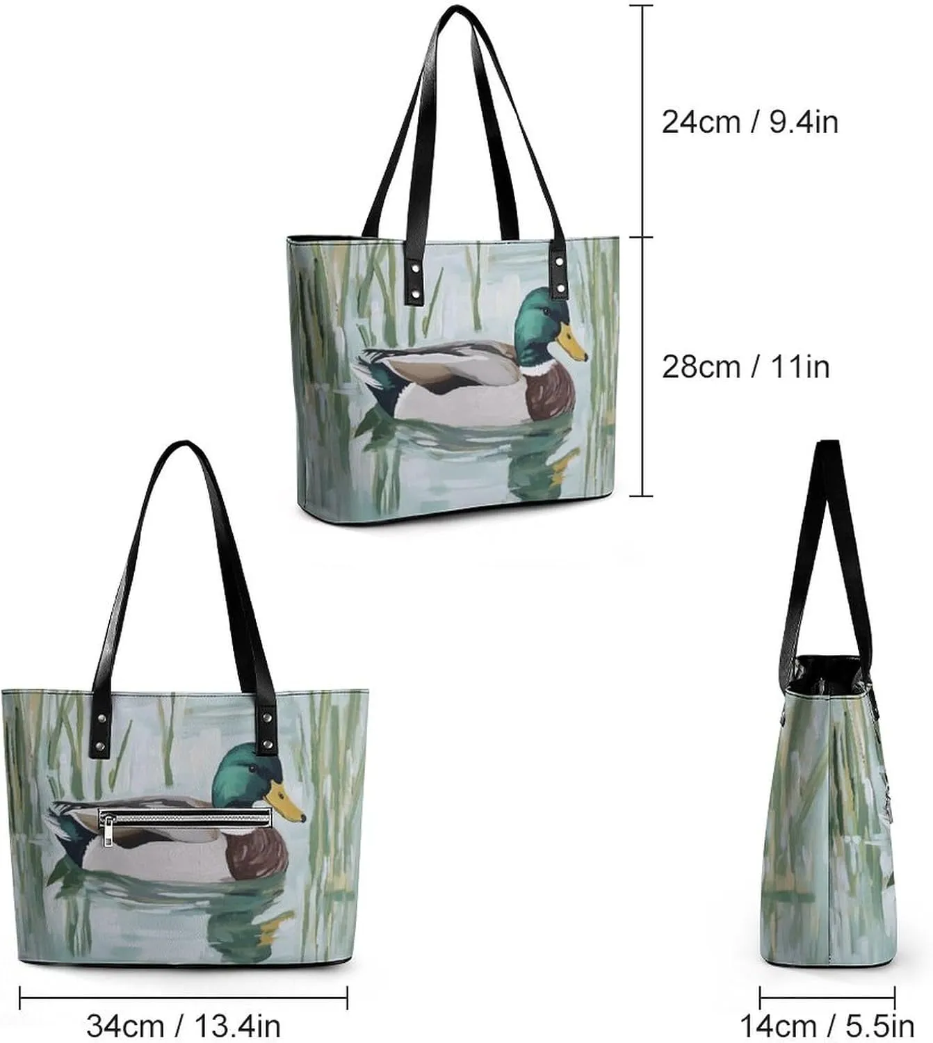 Mallard Duck in A Pond Women Soft Leather Handbags Tote Purses Shoulder Bucket Bags