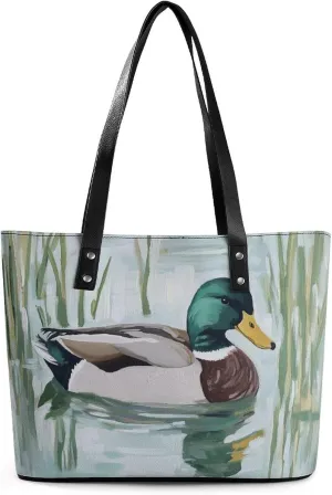 Mallard Duck in A Pond Women Soft Leather Handbags Tote Purses Shoulder Bucket Bags