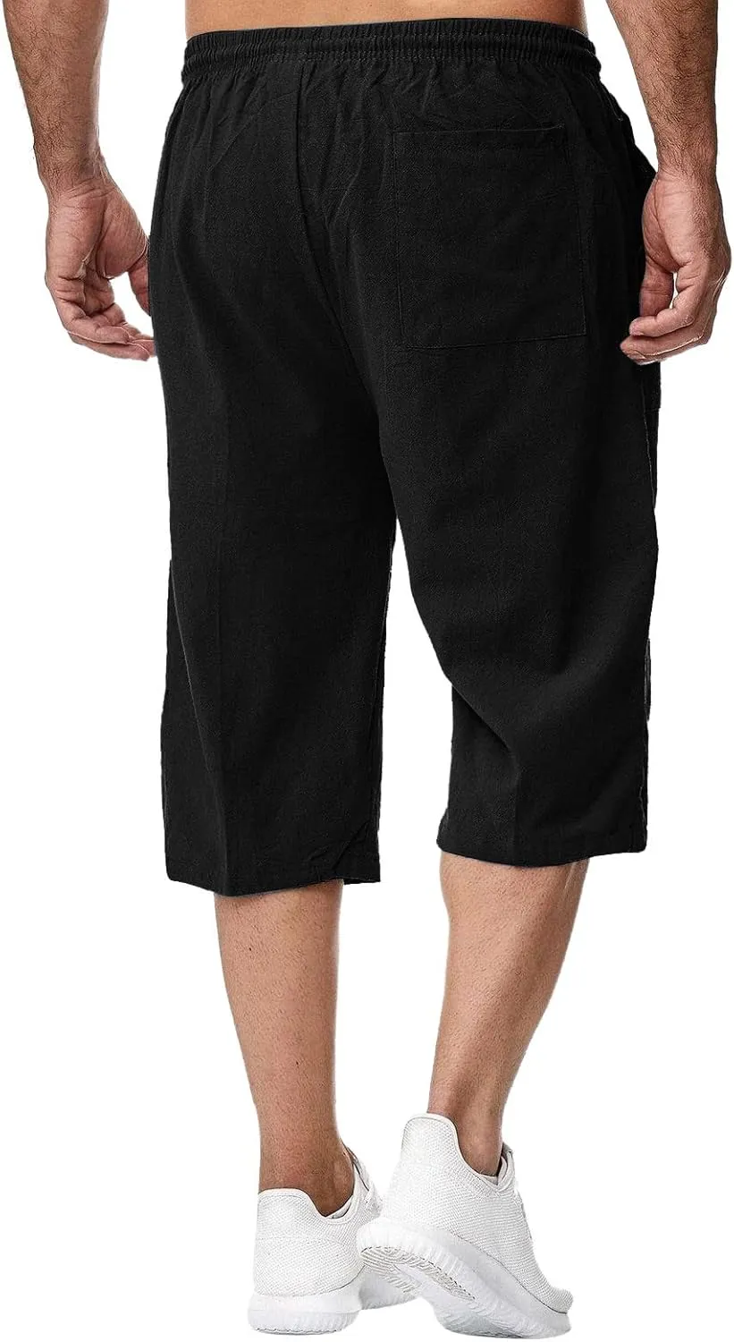 Men's Beach Long Shorts Below Knee Pocketed Joggers Loose Fit 3/4 Summer Cropped Trousers Drawstring Elastic Waist Capri Pant