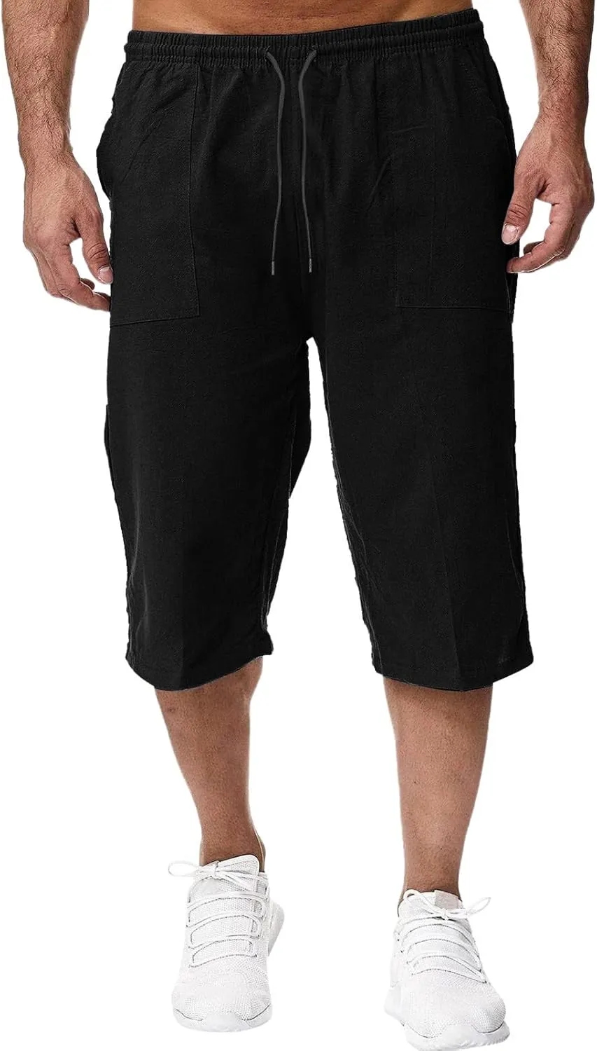 Men's Beach Long Shorts Below Knee Pocketed Joggers Loose Fit 3/4 Summer Cropped Trousers Drawstring Elastic Waist Capri Pant
