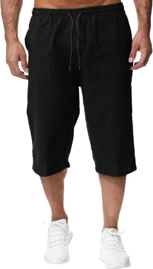 Men's Beach Long Shorts Below Knee Pocketed Joggers Loose Fit 3/4 Summer Cropped Trousers Drawstring Elastic Waist Capri Pant