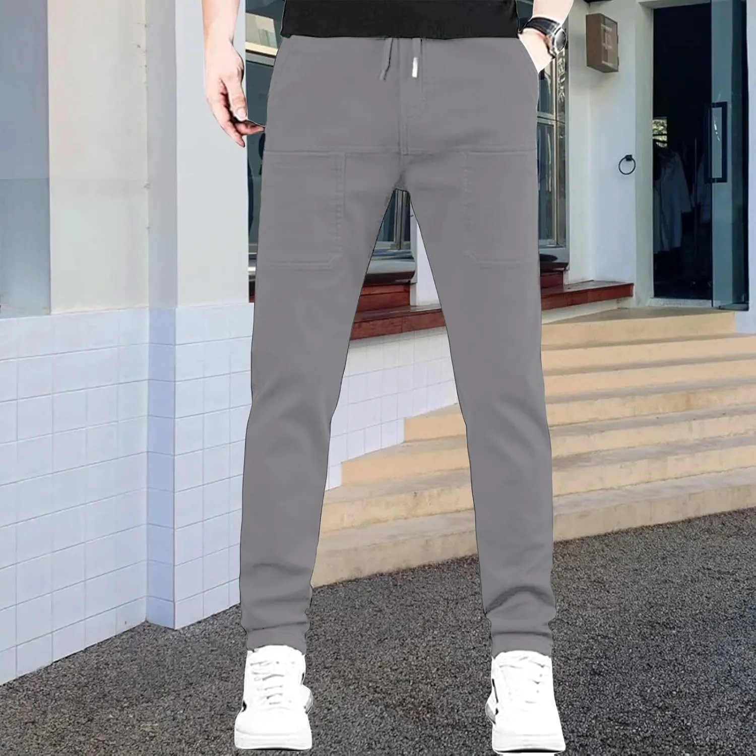 Men's Casual Sports Pants Solid Color Splice Line Trousers Drawstring Stretchy Workout Trousers Slim Fit Simple Pants