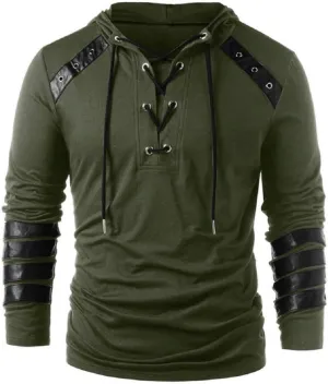 Mens Gothic Lace Up Hoodie Shirts Retro Sweatshirt Vintage Steampunk Hooded Tops Halloween Cosplay Costume