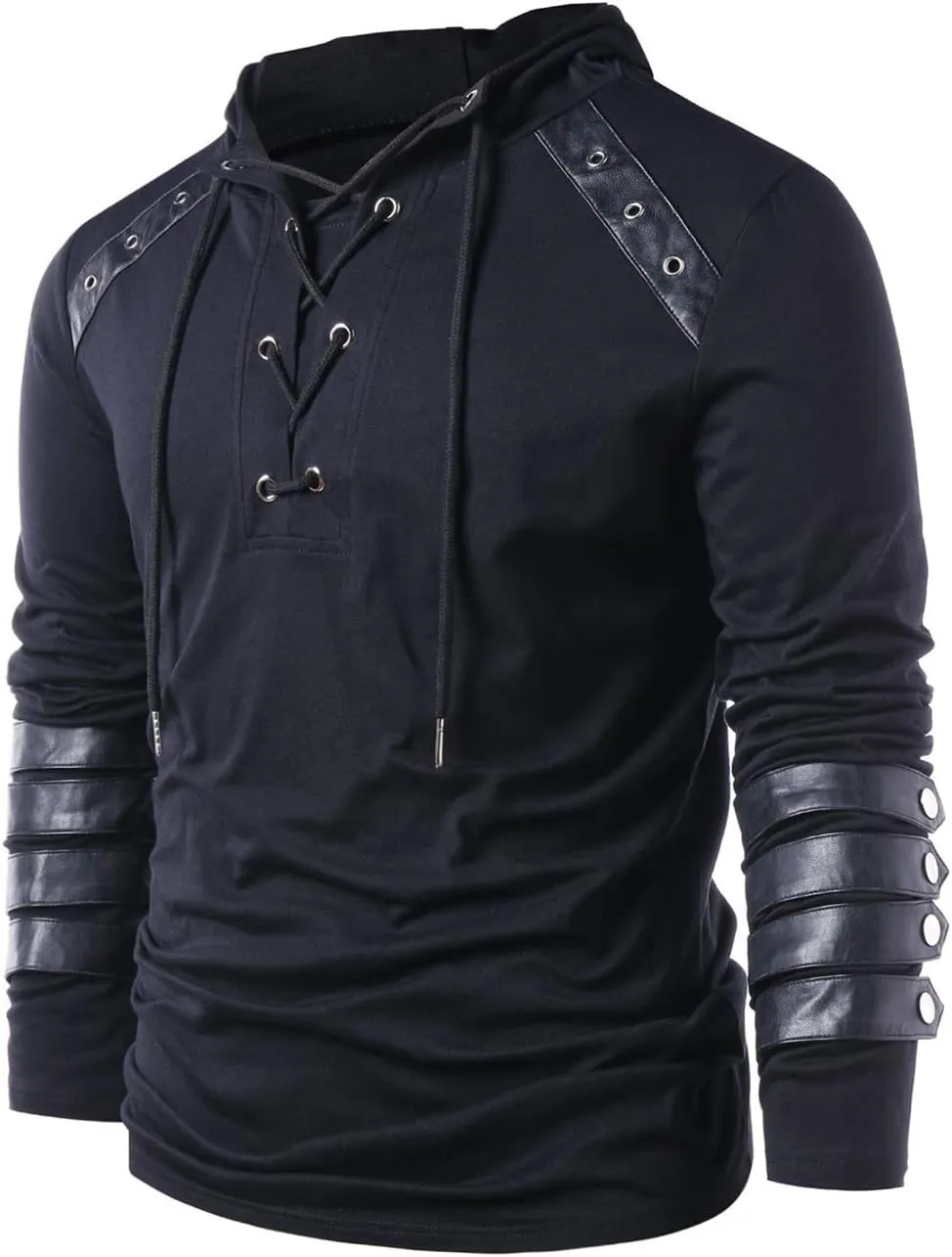 Mens Gothic Lace Up Hoodie Shirts Retro Sweatshirt Vintage Steampunk Hooded Tops Halloween Cosplay Costume