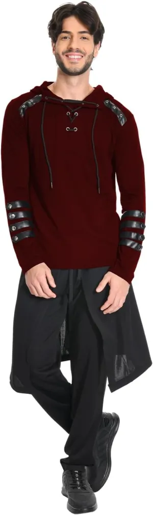 Mens Gothic Lace Up Hoodie Shirts Retro Sweatshirt Vintage Steampunk Hooded Tops Halloween Cosplay Costume