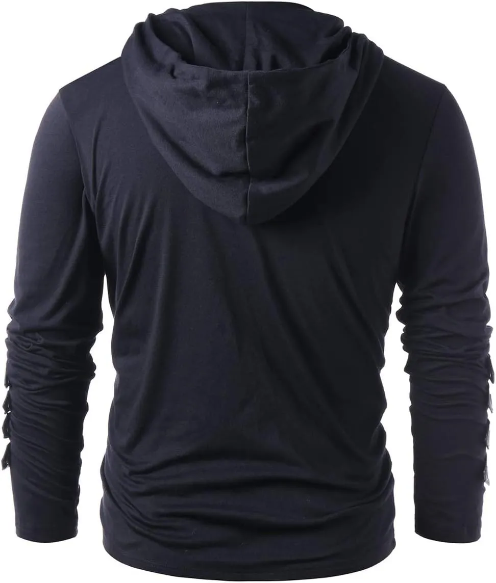 Mens Gothic Lace Up Hoodie Shirts Retro Sweatshirt Vintage Steampunk Hooded Tops Halloween Cosplay Costume