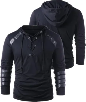 Mens Gothic Lace Up Hoodie Shirts Retro Sweatshirt Vintage Steampunk Hooded Tops Halloween Cosplay Costume