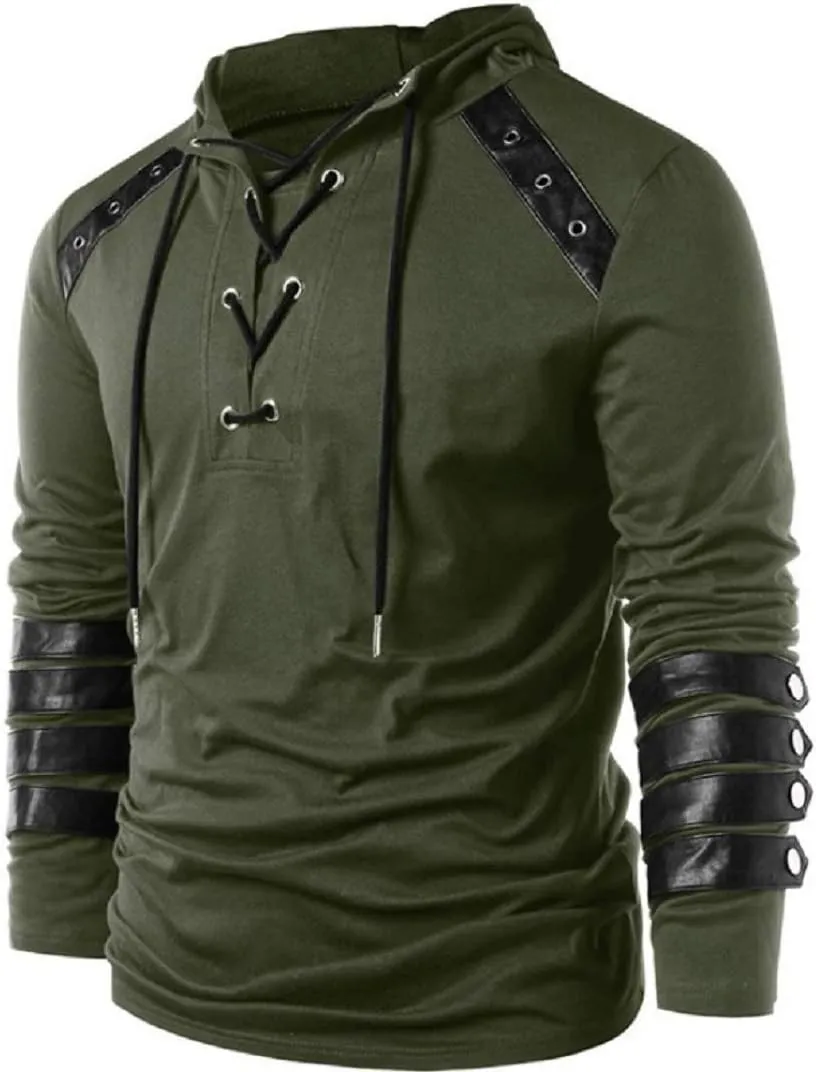 Mens Gothic Lace Up Hoodie Shirts Retro Sweatshirt Vintage Steampunk Hooded Tops Halloween Cosplay Costume