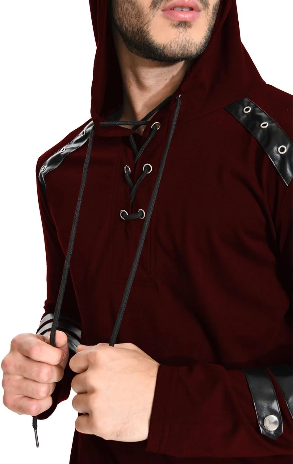 Mens Gothic Lace Up Hoodie Shirts Retro Sweatshirt Vintage Steampunk Hooded Tops Halloween Cosplay Costume