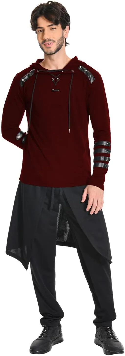 Mens Gothic Lace Up Hoodie Shirts Retro Sweatshirt Vintage Steampunk Hooded Tops Halloween Cosplay Costume