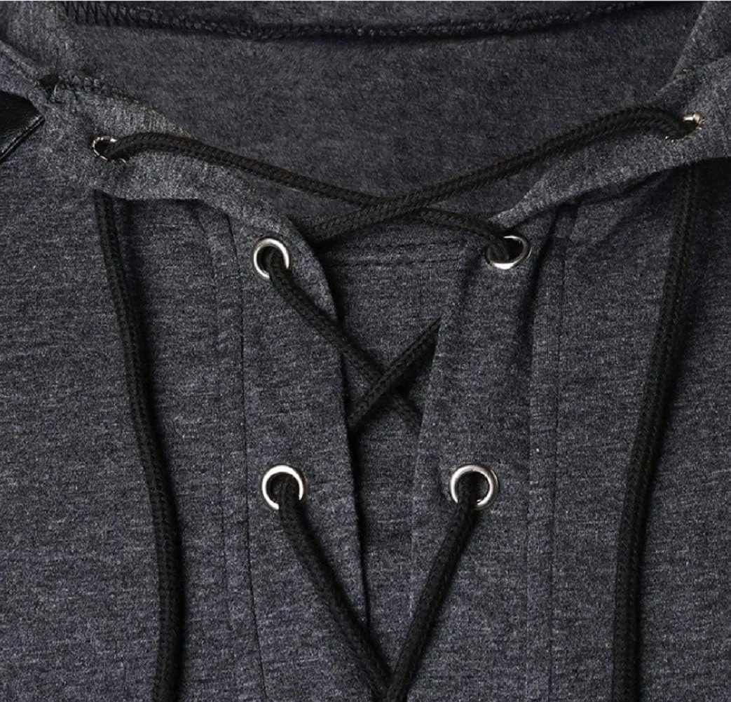 Mens Gothic Lace Up Hoodie Shirts Retro Sweatshirt Vintage Steampunk Hooded Tops Halloween Cosplay Costume