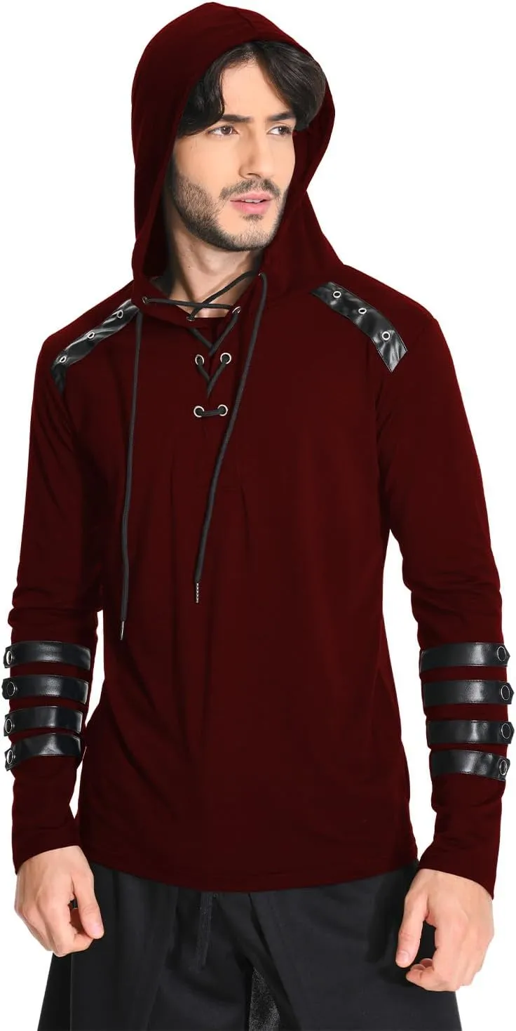 Mens Gothic Lace Up Hoodie Shirts Retro Sweatshirt Vintage Steampunk Hooded Tops Halloween Cosplay Costume