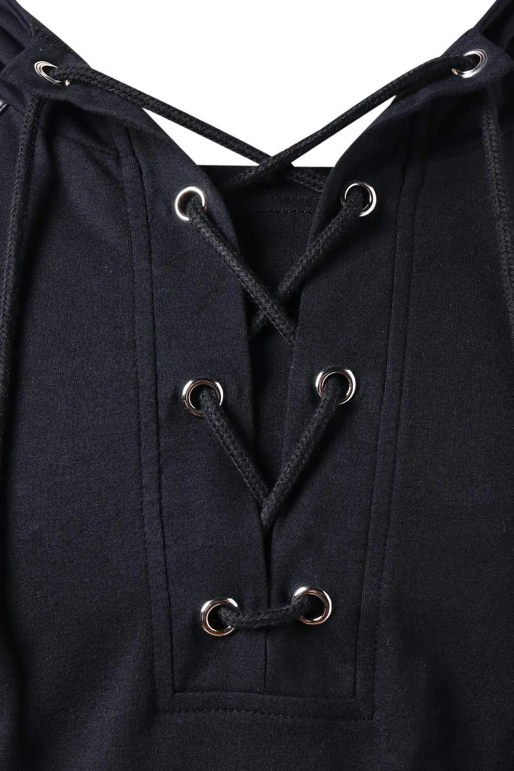 Mens Gothic Lace Up Hoodie Shirts Retro Sweatshirt Vintage Steampunk Hooded Tops Halloween Cosplay Costume