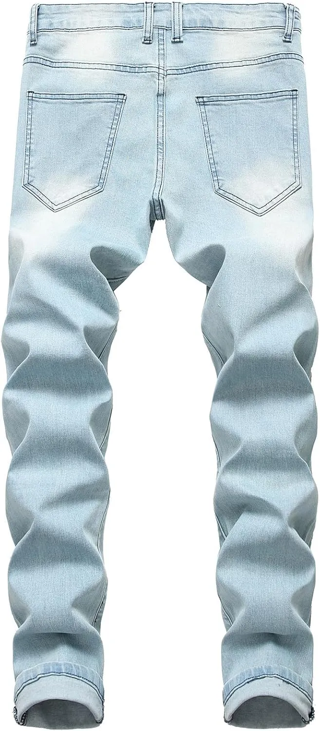 Mens Jeans Skinny-Fit Fashion Ripped Denim Pants Casual Fashion Slacks Stretch Straight Legs Cotton Work Trousers