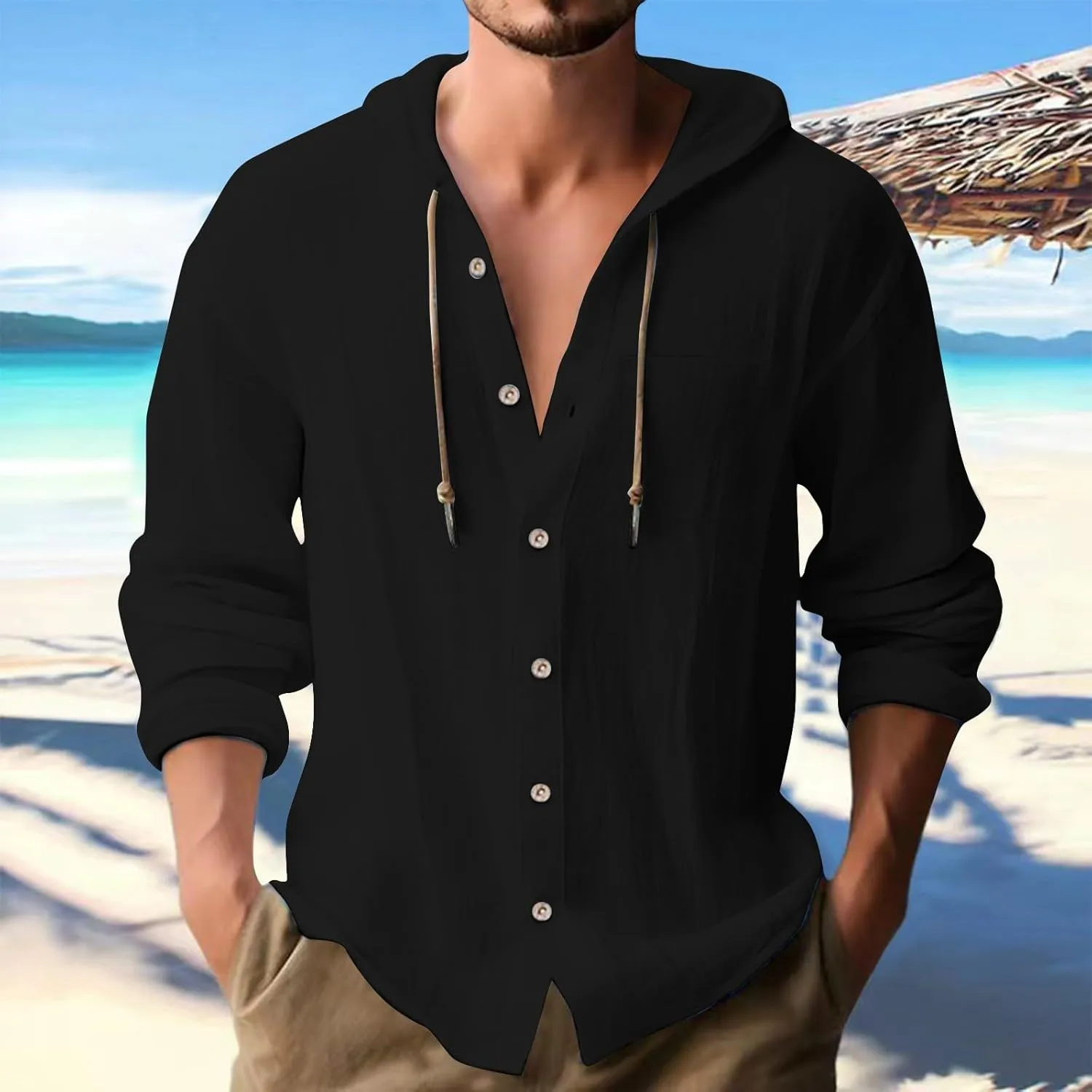 Men's Lightweight Summer Linen Shirt Long Sleeve Breathable Casual Button Down Shirt Slim Fit Shirts with Pockets