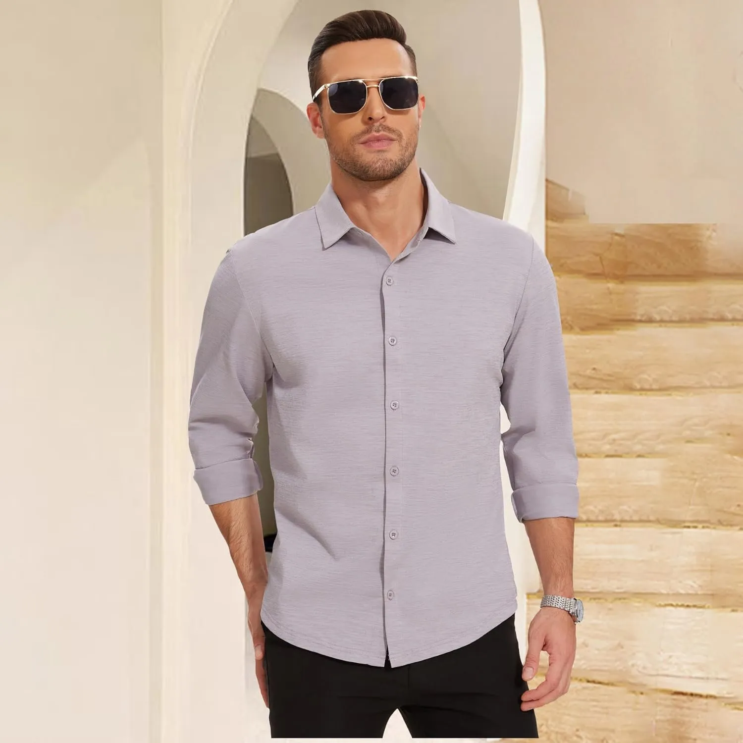 Men's Long Sleeve Casual Button Down Shirts Untucked Shirts for Men Business Stretch Wrinkle Free Dress Shirt