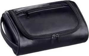 Men's Small Flat Travel Toiletry Bag - Water-Resistant PU Leather Toiletries Bag, Compact Dopp Kit for Shaving And Grooming Essentials, Lightweight Durable Design in Black