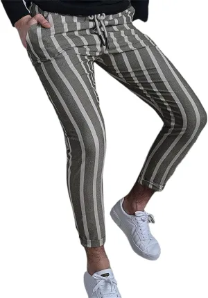 Men's Striped Chinos Pants Slim Fit Drawstring Waist Stretchy Flat Front Skinny Dress Pants with Pockets for Everyday