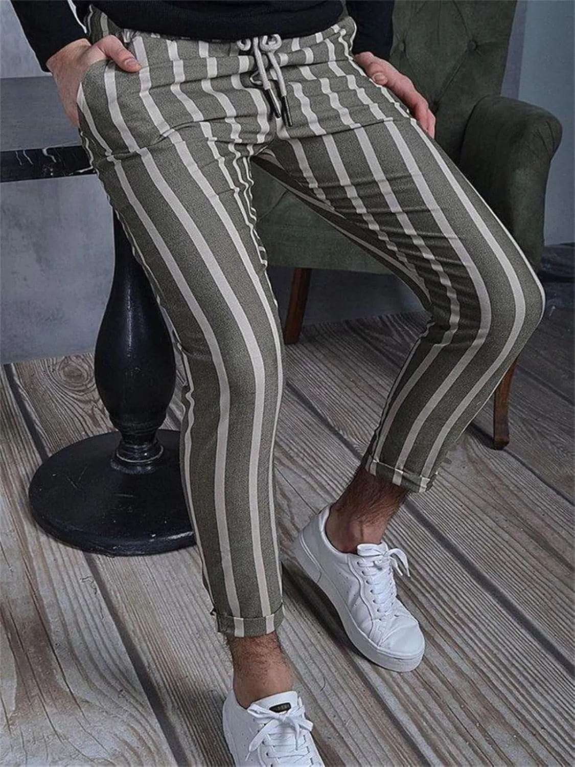 Men's Striped Chinos Pants Slim Fit Drawstring Waist Stretchy Flat Front Skinny Dress Pants with Pockets for Everyday