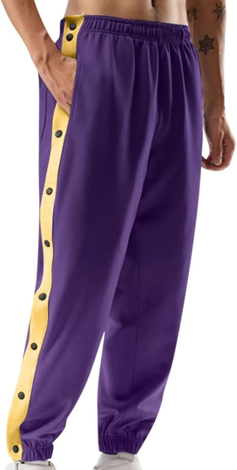 Mens Tear Away Basketball Pants Casual High Split Snap Button Post Surgery Sweatpants with Side Pockets
