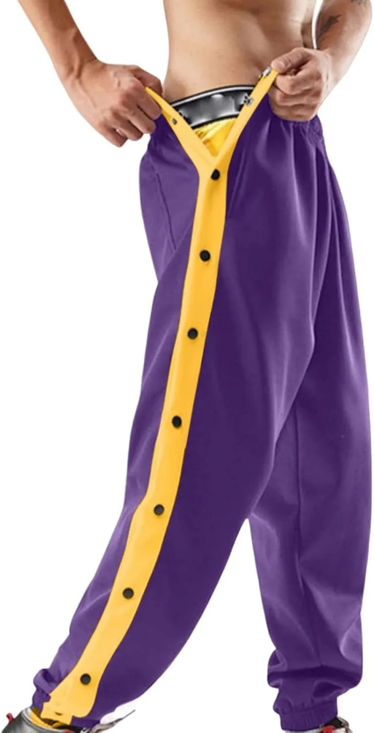 Mens Tear Away Basketball Pants Casual High Split Snap Button Post Surgery Sweatpants with Side Pockets