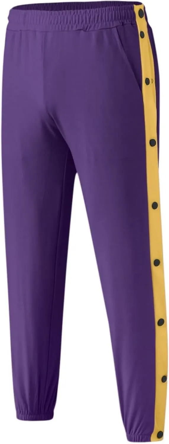 Mens Tear Away Basketball Pants Casual High Split Snap Button Post Surgery Sweatpants with Side Pockets
