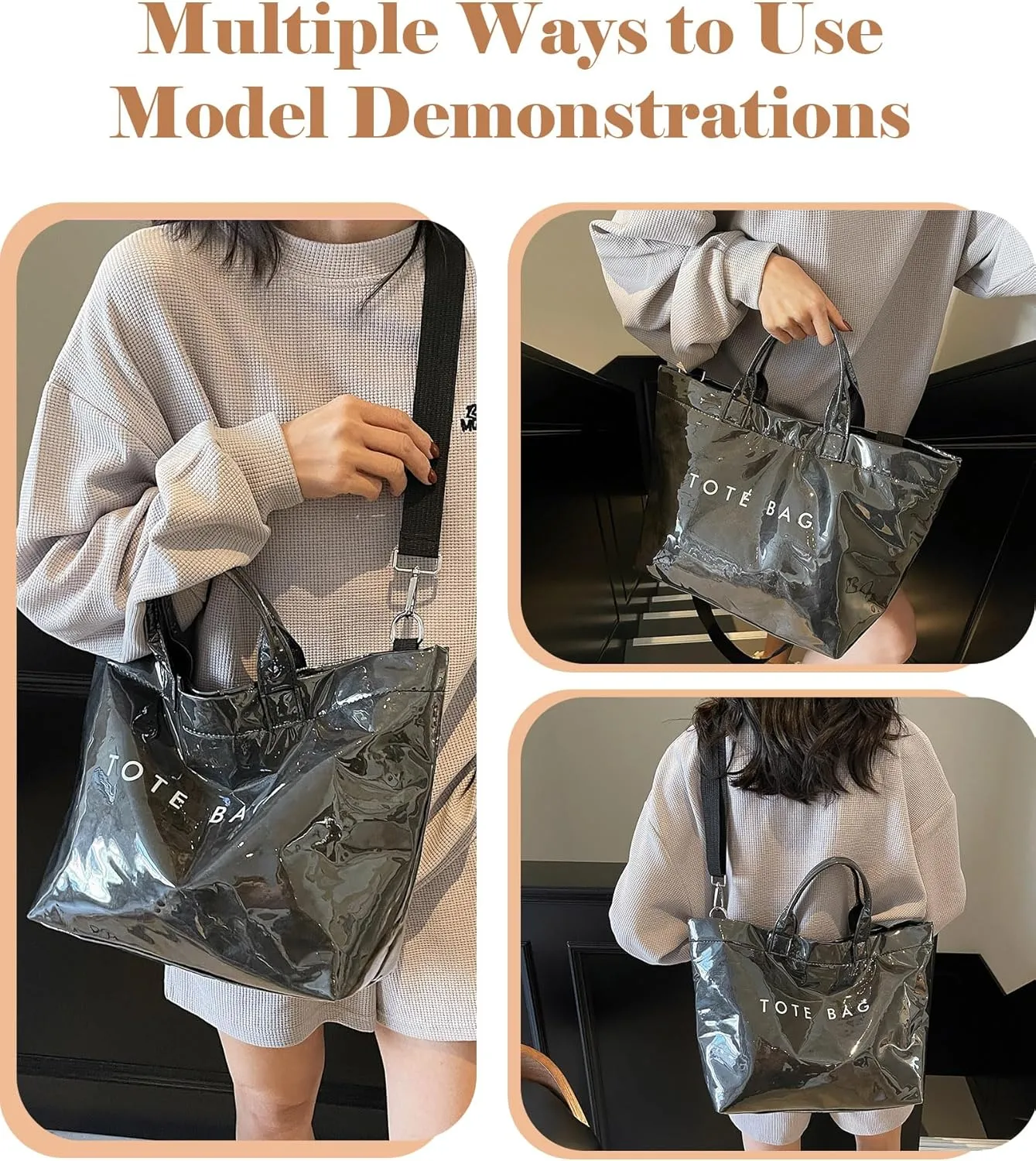 Micmores PVC Tote Bag for Women Letters Print Large Kraft Paper Handbag Top Handle Clear Hobo Crossbody Bag for Work Travel
