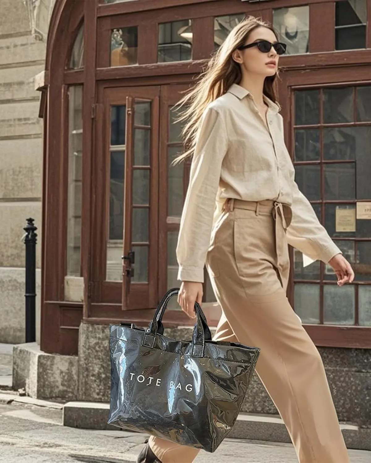 Micmores PVC Tote Bag for Women Letters Print Large Kraft Paper Handbag Top Handle Clear Hobo Crossbody Bag for Work Travel