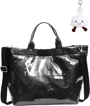 Micmores PVC Tote Bag for Women Letters Print Large Kraft Paper Handbag Top Handle Clear Hobo Crossbody Bag for Work Travel