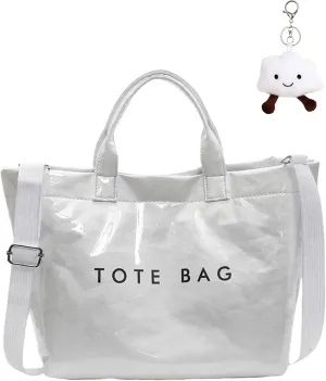 Micmores PVC Tote Bag for Women Letters Print Large Kraft Paper Handbag Top Handle Clear Hobo Crossbody Bag for Work Travel