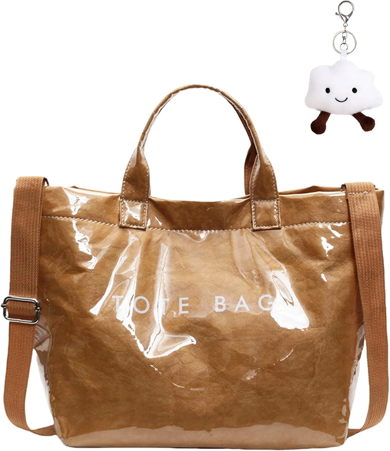 Micmores PVC Tote Bag for Women Letters Print Large Kraft Paper Handbag Top Handle Clear Hobo Crossbody Bag for Work Travel