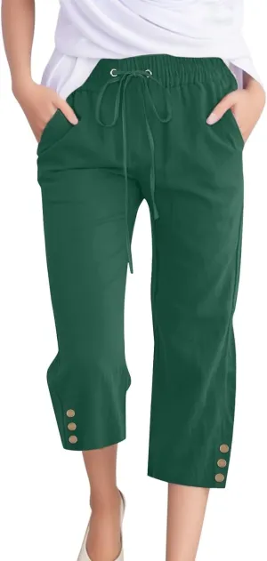 midelxp Linen Capri Pants for Women Casual 2024 Summer Drawstring High Waist Lounge Pants Baggy Straight Leg Cropped Trouser