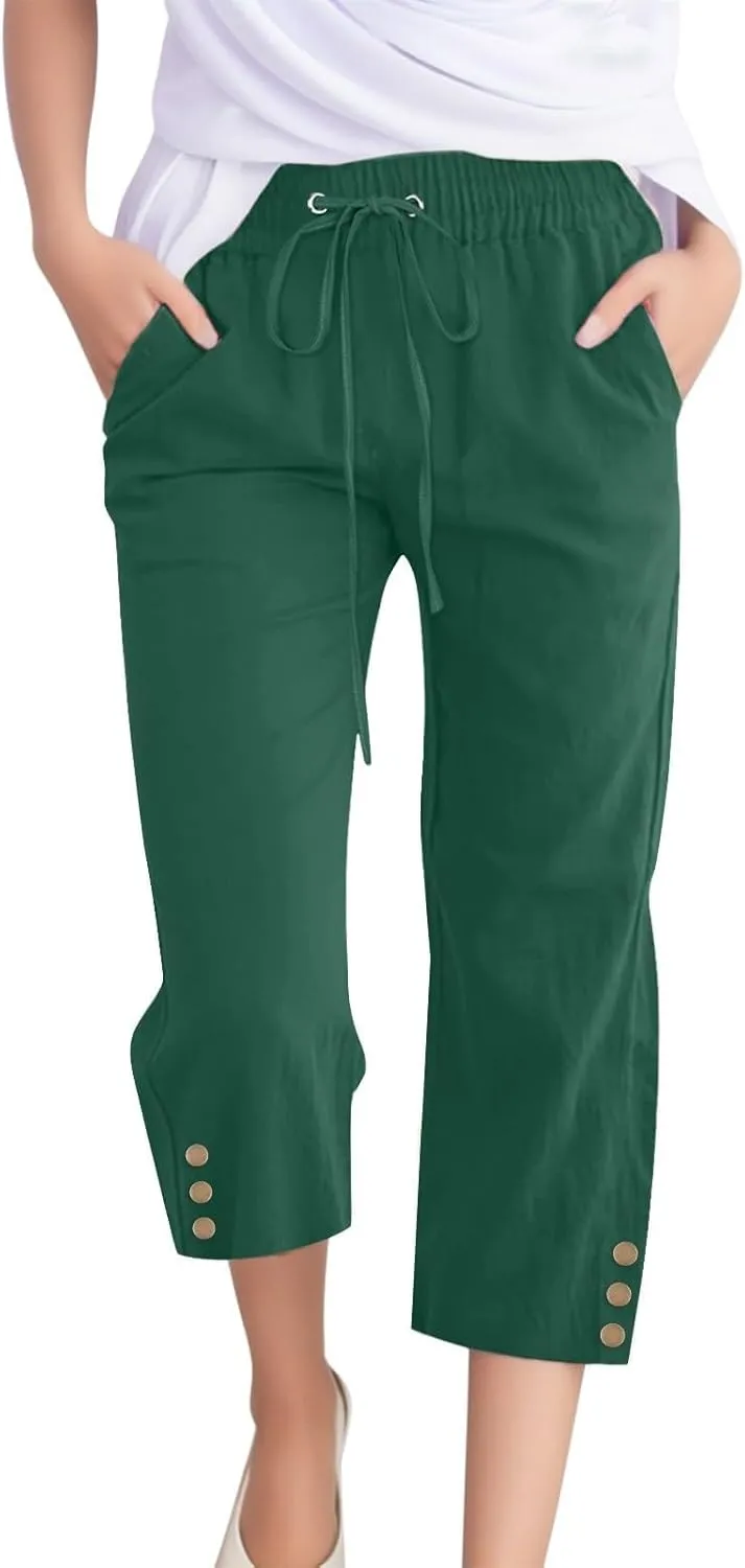 midelxp Linen Capri Pants for Women Casual 2024 Summer Drawstring High Waist Lounge Pants Baggy Straight Leg Cropped Trouser