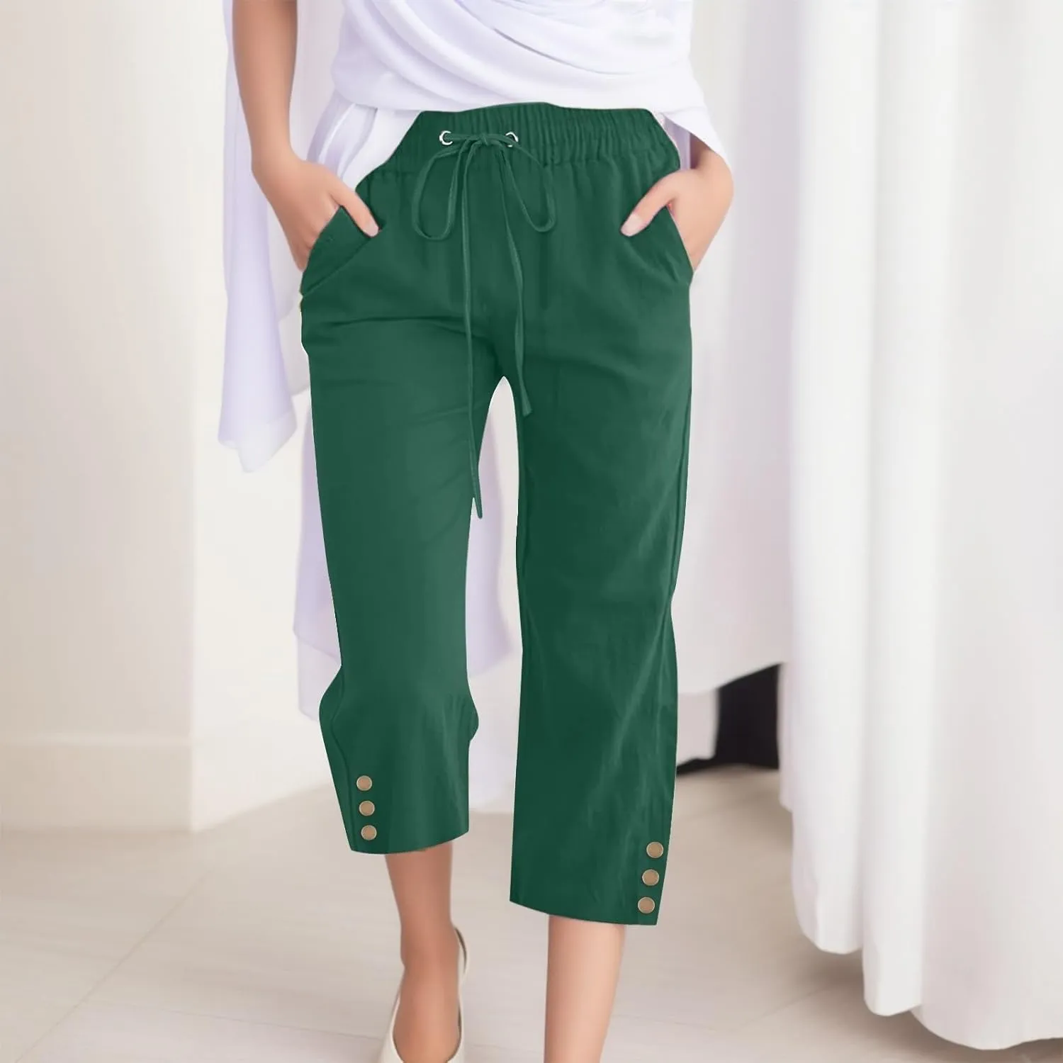 midelxp Linen Capri Pants for Women Casual 2024 Summer Drawstring High Waist Lounge Pants Baggy Straight Leg Cropped Trouser