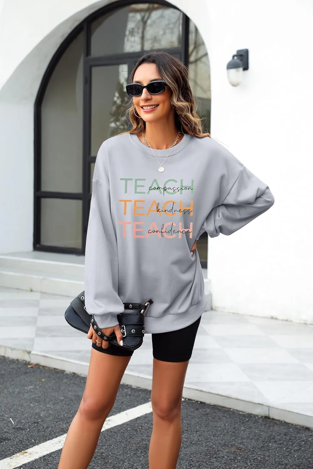 MOUSYA Colorful Retro Teacher Sweatshirt Women Teach Compassion Kindness Confidence Shirts Casual Long Sleeve Pullover Tops