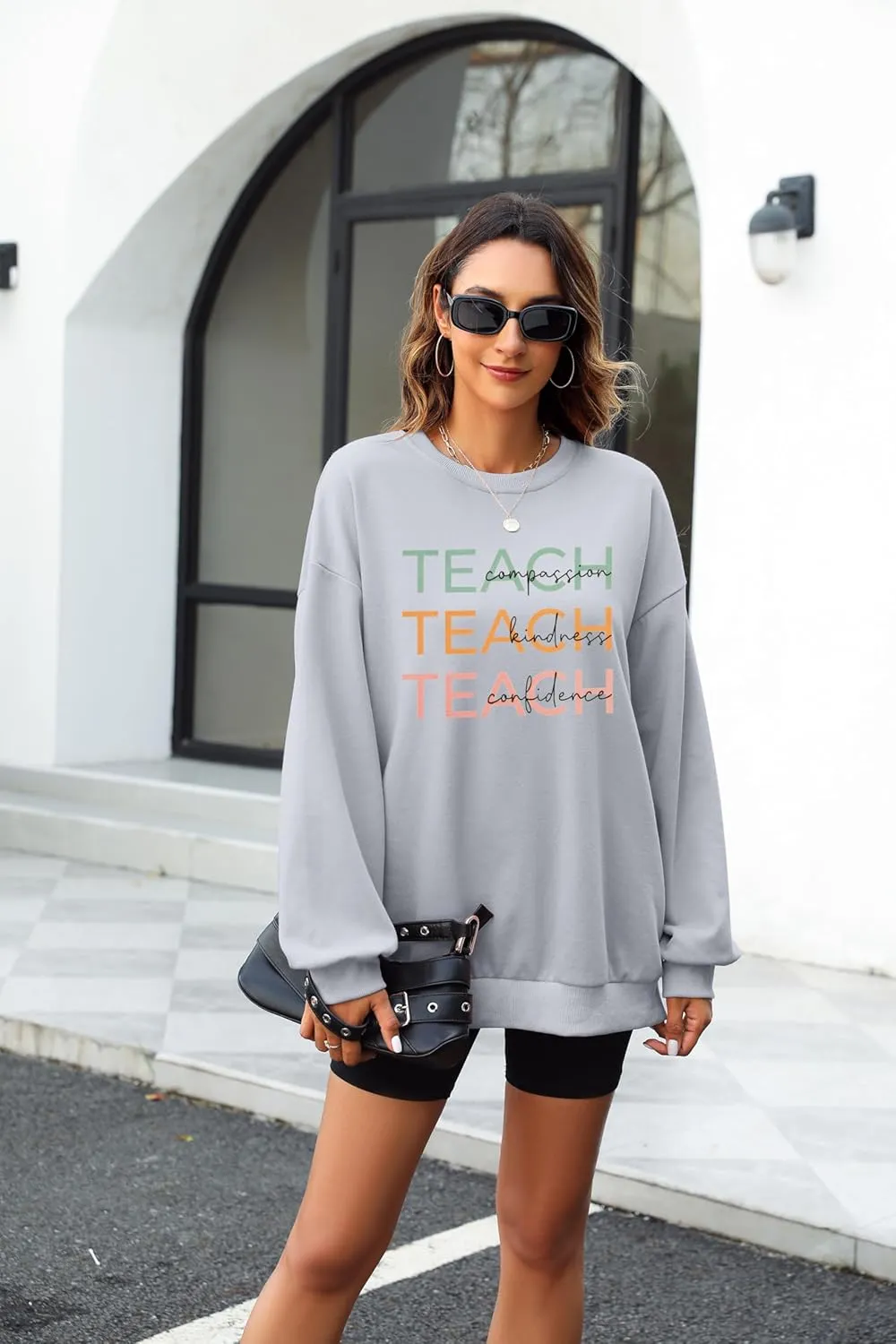 MOUSYA Colorful Retro Teacher Sweatshirt Women Teach Compassion Kindness Confidence Shirts Casual Long Sleeve Pullover Tops