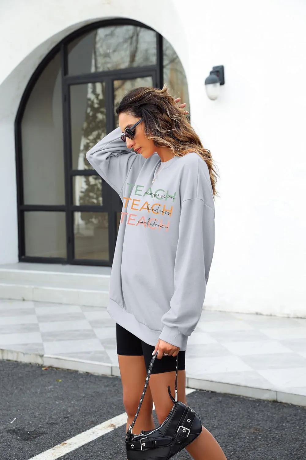 MOUSYA Colorful Retro Teacher Sweatshirt Women Teach Compassion Kindness Confidence Shirts Casual Long Sleeve Pullover Tops