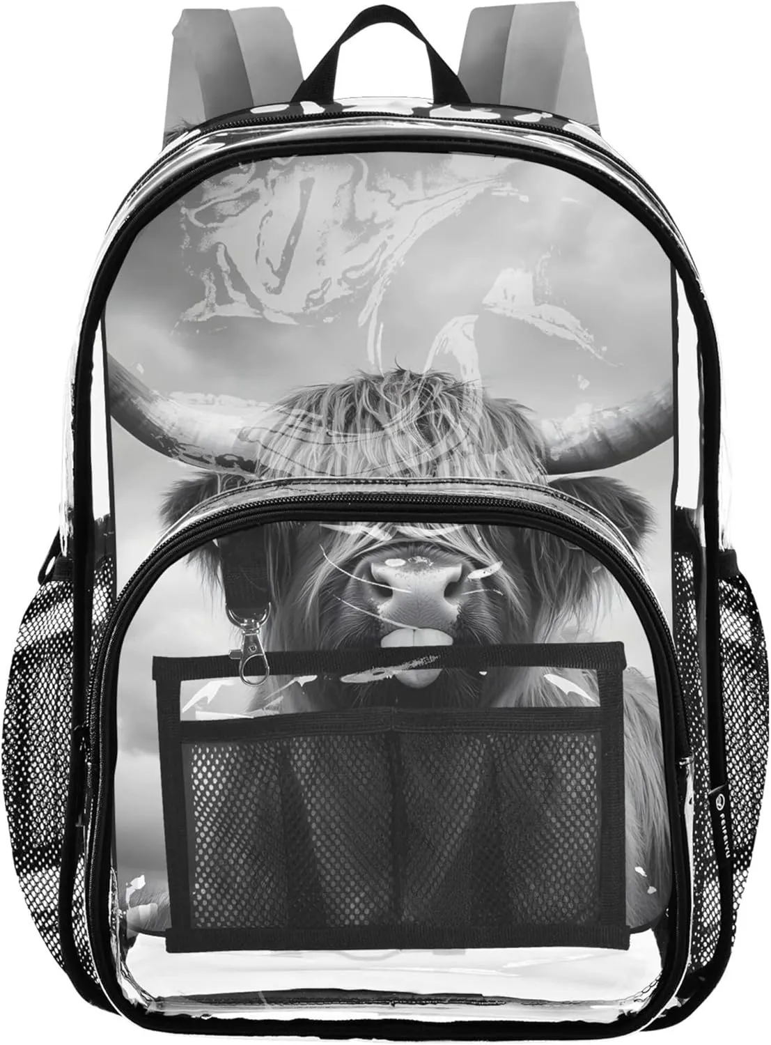 Mystic Highland Cow Monochrome Travel Clear Bags for Women Kids Backpack Boys Girls Plastic School Clear Bookbag
