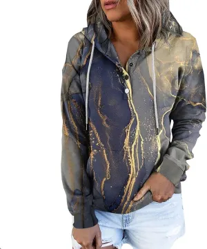 nerohusy Women Casual Button Pullover Sweatshirt V Neck Hoodies Oversized Hooded Tops with Pockets Tie Dye Long Sleeve