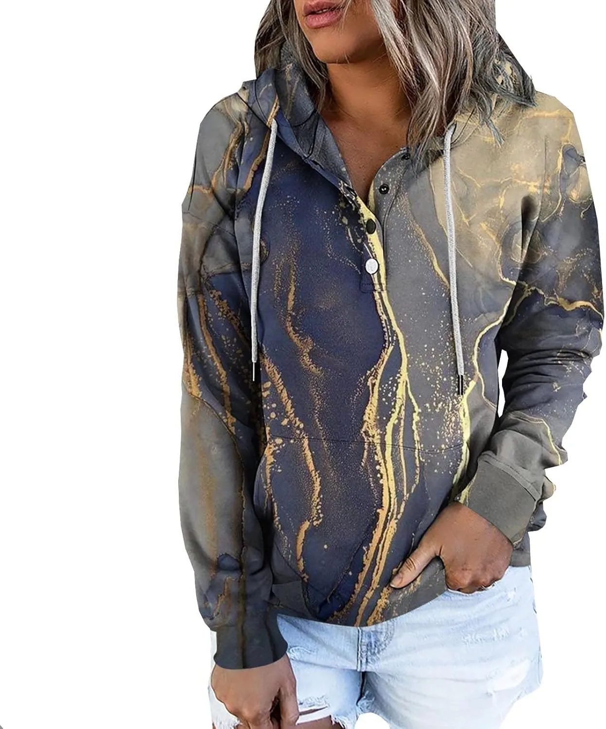 nerohusy Women Casual Button Pullover Sweatshirt V Neck Hoodies Oversized Hooded Tops with Pockets Tie Dye Long Sleeve